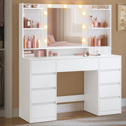 Colección VASAGLE Kailyn - Tocador con espejo y luces LED, regleta de enchufes, 9 cajones, 9 bombillas regulables, 3 colores de luz, rieles deslizantes sin herramientas, blanco nube RDT141WB02