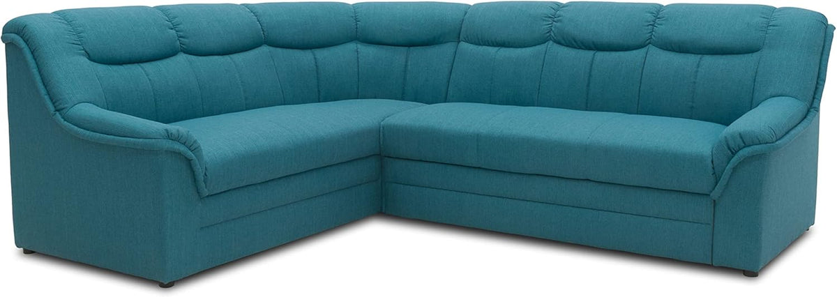 Sofá esquinero Berlin de la colección DOMO, sofá esquinero atemporal, 3 plazas a la derecha con función cama y acolchado de muelles, sofá en forma de L, sofá, 205 x 250 x 89 cm, petróleo