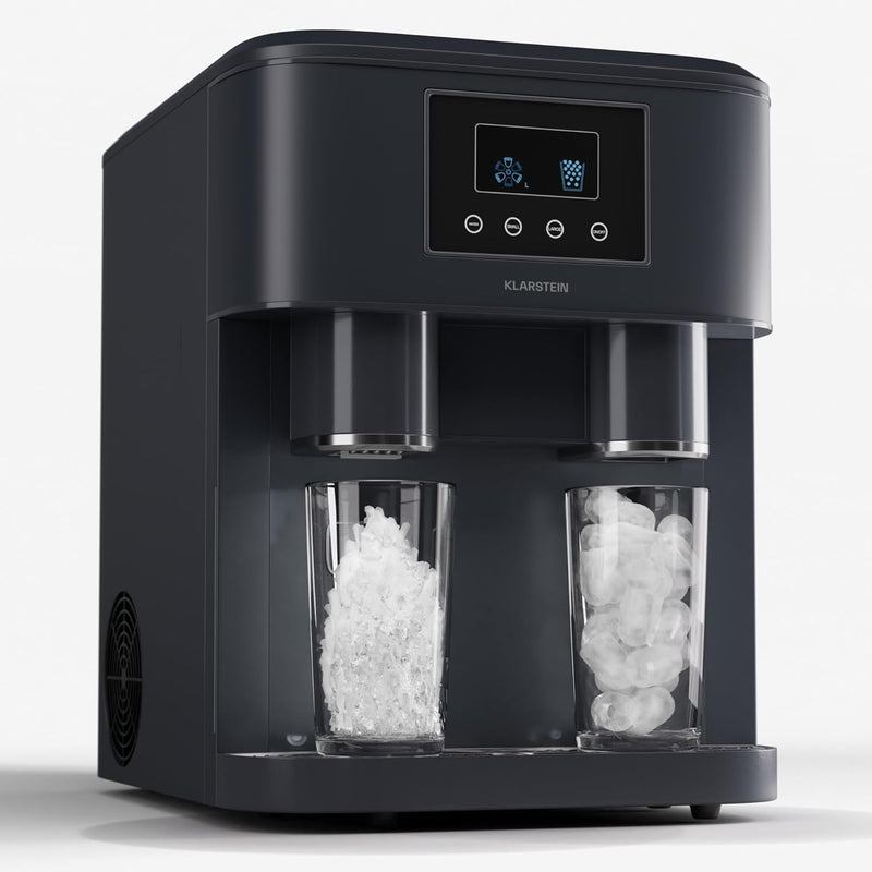 Máquina de hielo Klarstein para el hogar, camping y hostelería, mini máquina de hielo rápida, máquina de hielo profesional para hielo picado, cubitos de hielo grandes y pequeños, depósito de agua de 1,8 L, 15 kg de hielo en 24 h