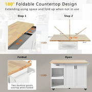Isla de cocina con encimera plegable, carrito de almacenamiento para cocina con estante extraíble, toallero y cajón, ruedas giratorias