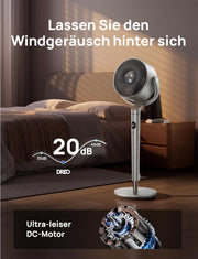 Ventilador de pie inteligente Dreo con luz RGB, oscilación de 120° + 120° con control remoto, ventilador de suelo silencioso de 20 dB para dormitorio, temporizador de 8 horas, plateado