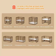 Cuna convertible 8 en 1 JOYMOR, incluye 2 colchones, se convierte en moisés, cuna mediana, cuna de tamaño completo, sofá cama, cama para niños pequeños y corralito.