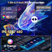 Autoradio Android 15 Motorsi con Apple CarPlay, pantalla táctil IPS de 6.9 pulgadas 1280P, 1 DIN, 4 núcleos, 2+64 GB, Bluetooth, GPS, DSP, Android Auto, WiFi, radio FM/RDS, cámara de reversa AHD y micrófono.
