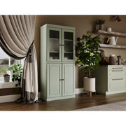 Alacena de madera maciza 100% con puertas de vidrio esmerilado, puertas sólidas, 2 cajones y estantes ajustables