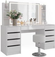 Tocador Vicco Sherry, blanco/blanco alto brillo, 158,2 cm, 5 piezas, con iluminación LED y taburete acolchado