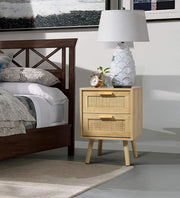 Finnhomy Juego de 2 mesitas de noche, mesas auxiliares con 2 cajones decorados a mano en ratán, de madera, con almacenamiento para dormitorio, natural
