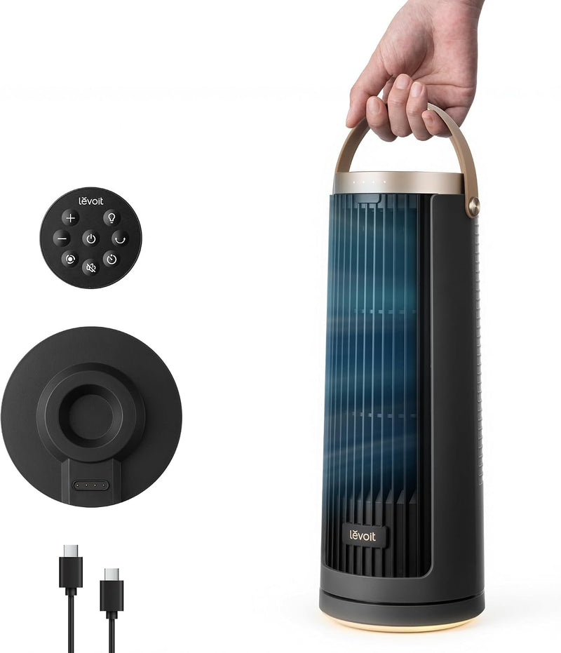 Ventilador de torre compacto Levoit, motor CC a batería para interiores/exteriores, silencioso desde 20 dB, refrigeración de 7 m/s, ventilador de mesa, 5 velocidades/oscilación de 90°/temporizador de 12 h/mando a distancia, portátil, 33 cm, gris grafito