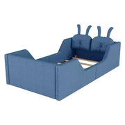 Cama plataforma doble Whisen, cama de suelo tapizada para niños con cojín de conejo, barandillas laterales extraíbles