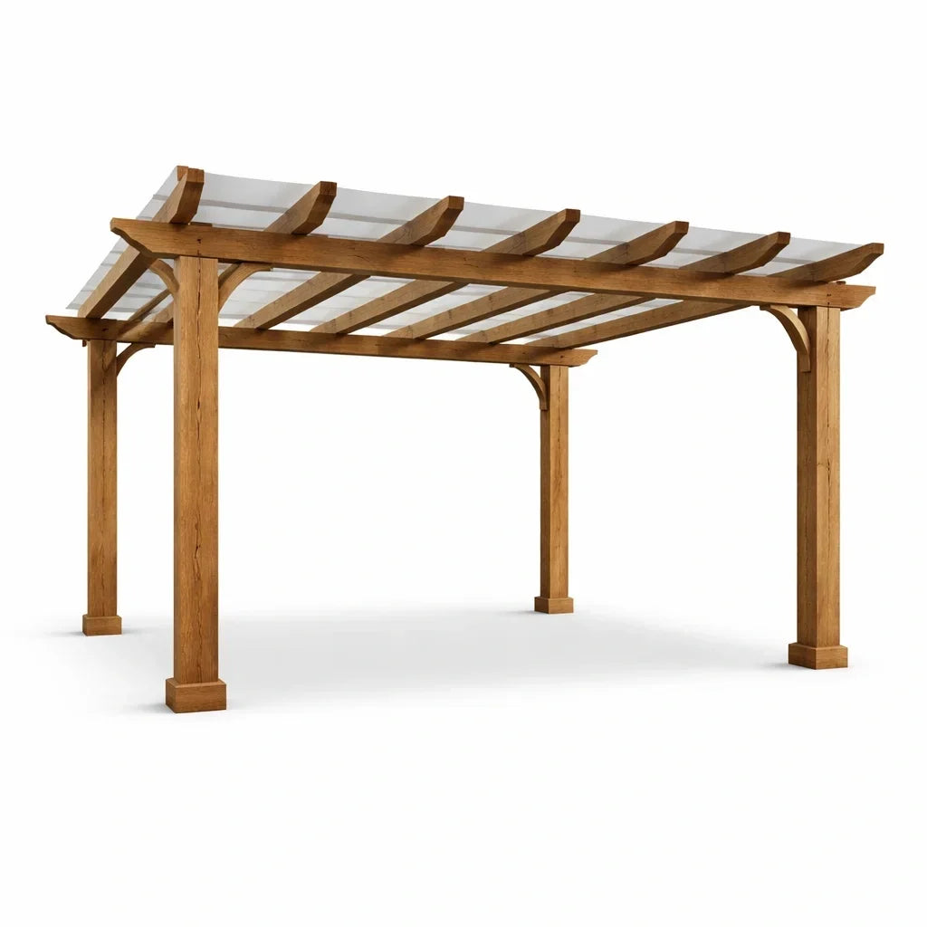 Pérgola de madera con techo de cristal templado marrón