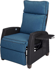 Chaise longue reclinable de patio con posición ajustable, mesa plegable y cojín para jardín, patio, terraza, exteriores – Cojín azul pavo real y mimbre marrón