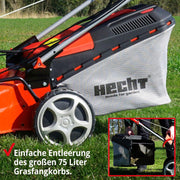 Cortacésped de gasolina 5 en 1 HECHT: potente motor Eco de 4 tiempos de 4,4 kW (6,0 CV), arranque por cuerda, 53 cm de ancho de corte, recogedor de 75 l, tracción a las ruedas, ruedas patentadas, EasyClean, función de mulching