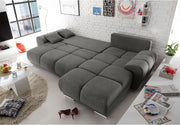 Sofá esquinero Stella Trading ANTON con función cama, tapizado en tela Uran Stone - Sofá esquinero moderno en forma de L con arcón y pespunte decorativo - 289 x 85 x 189 cm (ancho/alto/fondo)