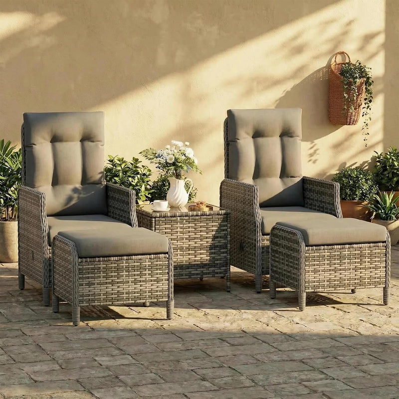 Set de muebles de exterior UDPATIO, 5 piezas con sillones ajustables, reposapiés y mesa de centro | Muebles de jardín de ratán | Muebles de balcón para balcón pequeño | Muebles de terraza resistentes a la intemperie | Gris oscuro