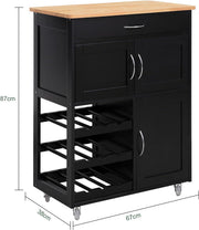 SoBuy Carrito de servicio con ruedas, carrito de cocina con encimera, carrito auxiliar con cajones, botellero, isla de cocina, estante de cocina de pie, mueble para cocina, comedor y exterior, negro, 67x86x38 cm, FKW45-SCH
