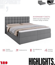Cama boxspring BROMARKT con arcón, cama tapizada con colchón Bonell y topper, cama para dormitorio, cabecero acolchado, modelo Dakota, muelles Bonell, 180x200, grado de firmeza H3, gris Malmo