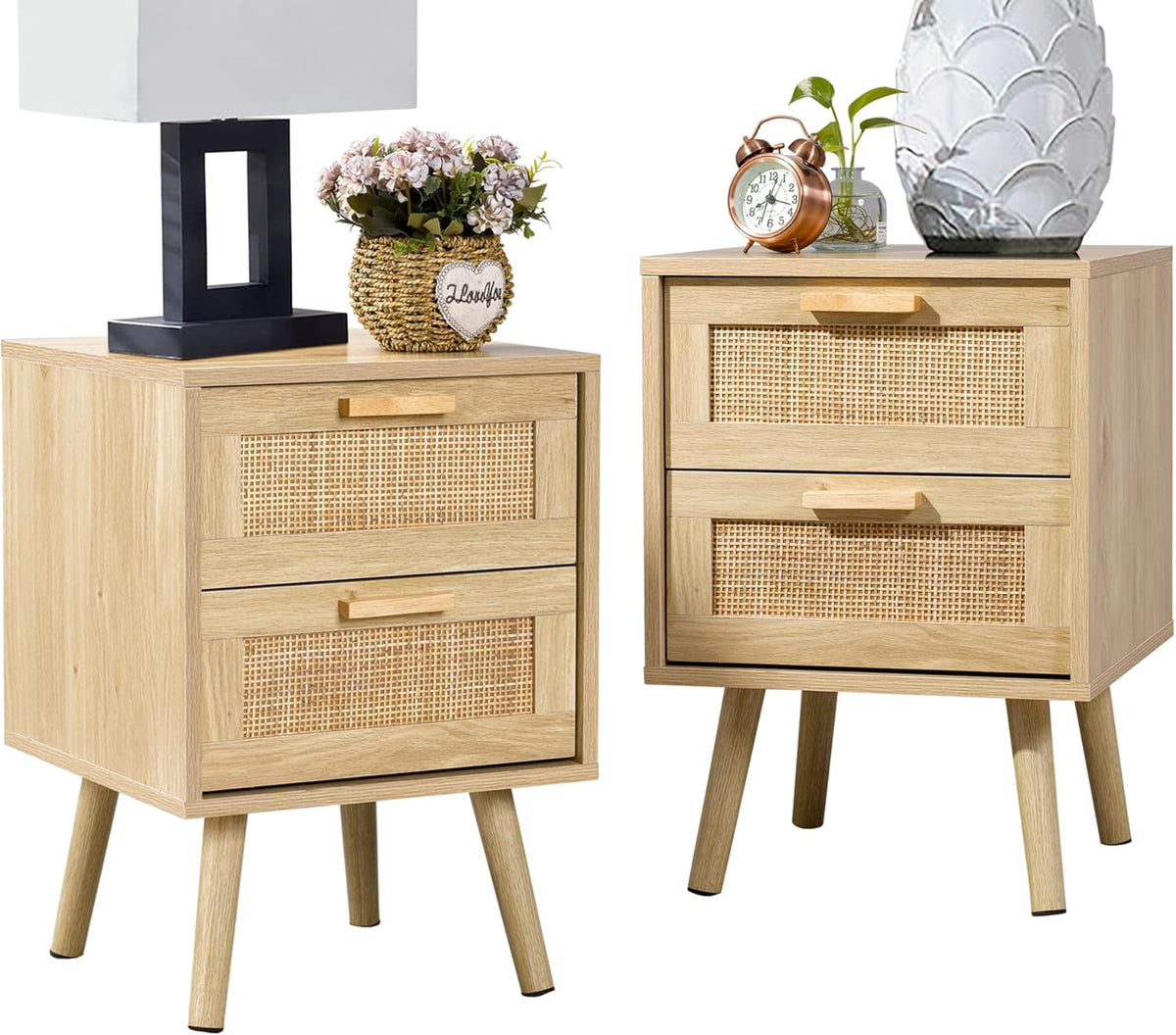 Finnhomy Juego de 2 mesitas de noche, mesas auxiliares con 2 cajones decorados a mano en ratán, de madera, con almacenamiento para dormitorio, natural