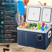 Nevera portátil con compresor KESSER 2 en 1 de doble zona, refrigeración y congelador eléctrico con 2 acumuladores de frío y panel táctil LED | Refrigerador con enfriamiento hasta -20 °C para camping, coche, camión 12/24V 230V
