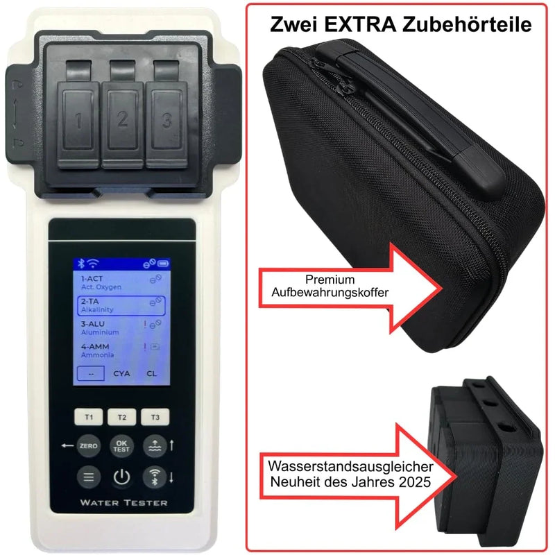 Analizador de agua para piscina 2.0, kit de 27 parámetros, Wi-Fi, Bluetooth, aplicación, medidor para piscina, spa y jacuzzi, incl. maletín y compensador de nivel de agua