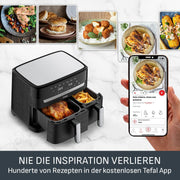 Freidora de aire Tefal Dual Easy Fry 8,3 L – Airfryer con 2 compartimentos y cajón XL, 7 programas, 2700 W, tecnología Extra-Crisp, cocción baja en grasa y ahorro de energía, apta para lavavajillas EY9018