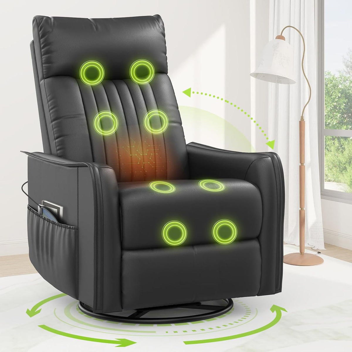 Sillón de masaje con función reclinable, sillón relax con calor y masaje, sillón de TV giratorio 360° para salón, mecedora con reposacabezas acolchado, 2 bolsillos laterales