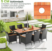COSTWAY Juego de muebles de jardín de ratán de 9 piezas, conjunto de asientos para 8 personas, mesa de jardín con tablero de madera de acacia, 8 sillas y cojines, juego de muebles de terraza, conjunto de jardín, juego de asientos, grupo de comedor