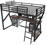 Cama alta infantil 90x200 cm, litera, cama de metal con tira LED, escritorio y escalera, cama individual juvenil, cama multifuncional, estructura de cama con protección anticaídas y somier, sin colchón, negro