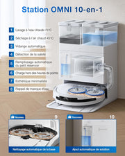 Robot aspirador ECOVACS T50 Pro Omni Gen2, 21000 Pa mejorado respecto al T30 Pro Omni, cepillo lateral y mopa extensibles, adición automática de solución de limpieza, lavado con agua caliente a 75 °C, blanco