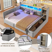 Sofá cama, 140 × 190 cm, con dos cajones, puertos USB y tipo C, compartimento de almacenamiento, banco de almacenamiento en el piecero, tira de luz LED, sin colchón, terciopelo, gris