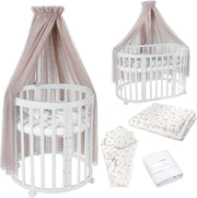 Cuna ovalada evolutiva Waldin, set completo 7 en 1, cuna de barrotes, cama infantil con colchón, cambiador, cuna colecho, madera blanca