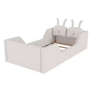 Cama plataforma doble Whisen, cama de suelo tapizada para niños con cojín de conejo, barandillas laterales extraíbles