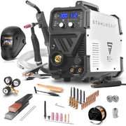 Equipo de soldadura de gas protector 3 en 1 STAHLWERK MTM-200 ST – equipamiento completo – TIG, MIG/MAG, MMA/electrodo hasta 200 A, alimentación de alambre sinérgica, accionamiento de 4 rodillos, apto para hilo relleno, acero, chapa fina