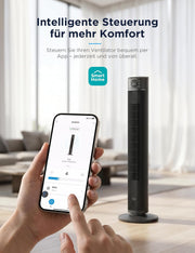 Ventilador de torre inteligente Midea FZ10-26ARDW silencioso con mando a distancia, 19 dB ultrasilencioso, motor CC, 4 modos y 12 niveles, temporizador de 24 h, control por aplicación para dormitorio, salón y oficina, negro, 105 cm