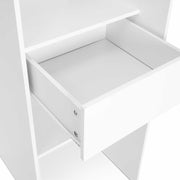 IDMarket - Vestidor extensible Marty 120/170 x 50 x 180 cm blanco con estantes + doble barra de armario + cortina gris