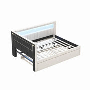Cama con plataforma tapizada con puertos USB e iluminación LED - Base de cama matrimonial/individual con 2 cajones de almacenamiento - Dormitorio moderno