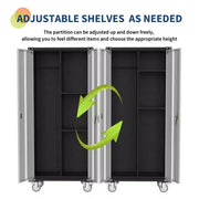 Gabinete de almacenamiento para garaje con ruedas y tablero perforado, armario de metal con cerradura de 72" de altura, 2 puertas y 4 estantes ajustables para taller de garaje
