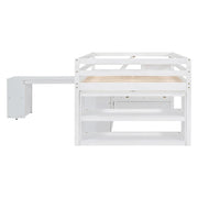Cama tipo loft de tamaño matrimonial con escritorio retráctil y 3 cajones