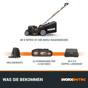Cortacésped WORX WG737E Nitro 40V 2x20V sin escobillas, ancho de corte 37cm, 6 posiciones, saco recolector 40L, con 2 baterías 4Ah y cargador dual