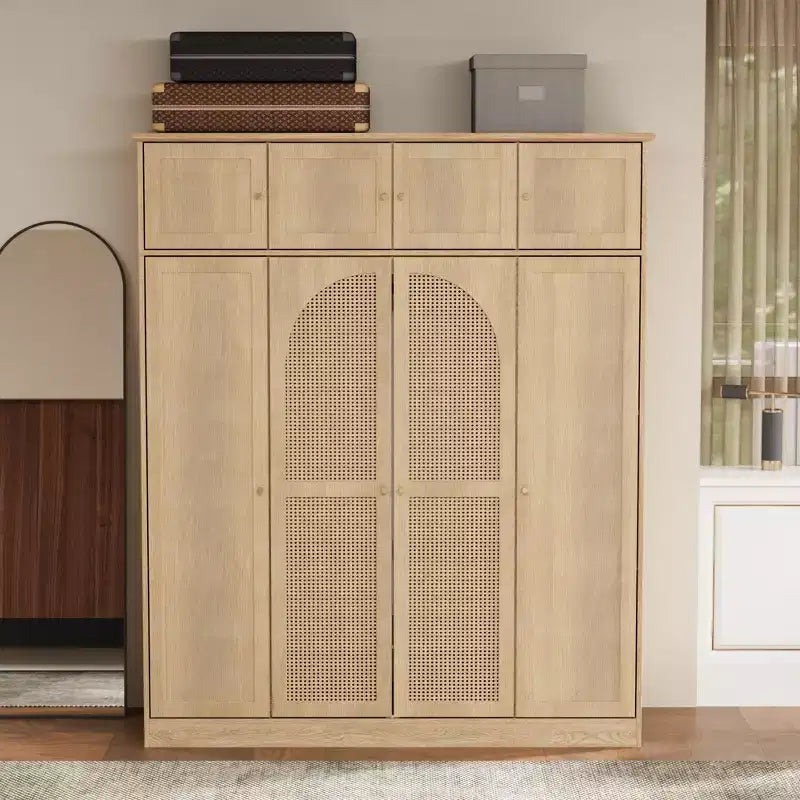 Armario ropero de gran capacidad de 8 puertas con barra para colgar, estantes ajustables y puertas decorativas de ratán, 70.87" de alto
