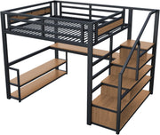 Litera alta de metal de 140x200 con escalera de almacenamiento con estantes y escritorio, diseño de valla de seguridad con tablones de metal unidos, cama de estructura de hierro alta con marco de metal para un soporte estable (negro)