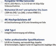 Videocámara profesional Panasonic HC-X1600E 4K 60p con objetivo gran angular de 25 mm, zoom óptico de 24x, estabilizador óptico de imagen híbrido de 5 ejes, Wi-Fi, USB PD, negro