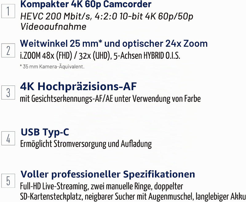 Videocámara profesional Panasonic HC-X1600E 4K 60p con objetivo gran angular de 25 mm, zoom óptico de 24x, estabilizador óptico de imagen híbrido de 5 ejes, Wi-Fi, USB PD, negro