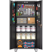 Gabinete de almacenamiento para garaje con ruedas y tablero perforado, armario de metal con cerradura de 72" de altura, 2 puertas y 4 estantes ajustables para taller de garaje