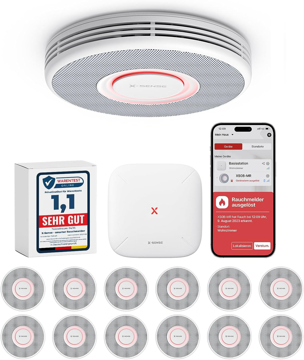 Detector de humo inteligente Wi-Fi X-Sense con salida de voz y 17 ubicaciones, alarma de incendio, detector de humo interconectado, 33 mm, detector de incendios con estación base SBS50, XS0B-MR121, 12 unidades