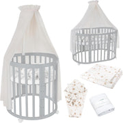 Cuna ovalada evolutiva Waldin, set completo 7 en 1, cuna de barrotes, cama infantil con colchón, cambiador, cuna colecho, madera blanca