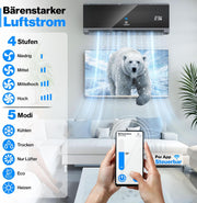 Set de aire acondicionado Split KESSER®, función WiFi/App, refrigeración A++/calefacción A+, 18000 BTU/h (5.300W) muy silencioso, refrigerante R32, mando a distancia, función de temporizador, material de montaje, antracita