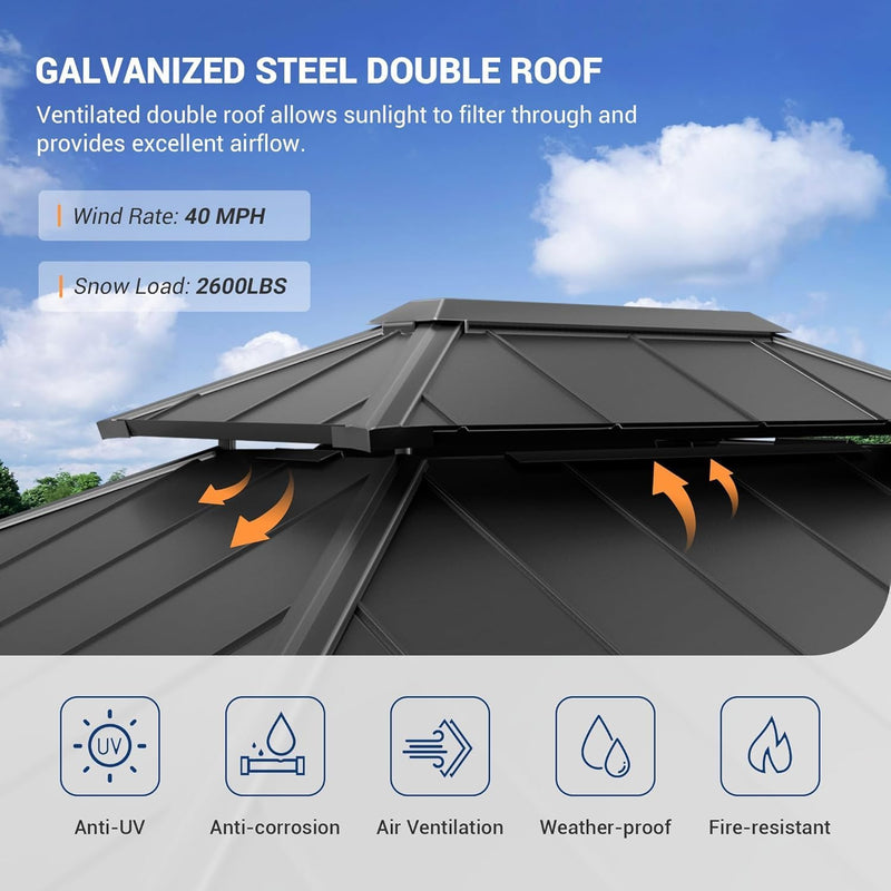 Amopatio 3,65 x 4,85 m Cenador de jardín impermeable, estable y resistente al invierno, cenador de techo rígido, cenador de aluminio con doble techo de acero galvanizado con mosquitera y cortinas para jardín, terraza, césped, gris