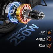 Bicicleta eléctrica plegable URLIFE de 14", batería extraíble de 48V 7.5Ah para un largo alcance de hasta 60 km, motor de 250W, 3 modos de conducción, altura del asiento ajustable, bicicleta eléctrica plegable (pedelec) para hombres y mujeres