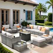 Conjunto de muebles de mimbre para patio exterior de 13 piezas XIZZI con mesa de fuego