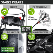Cortacésped de gasolina BRAST® Trike con tracción | 5,2kW (7CV) | 53cm de ancho de corte | muchos modelos | TÜV | motor OHV de 4 tiempos | 30-80mm de altura de corte | 60L de saco de recogida | carcasa de acero | velocidad