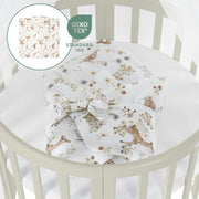 Cuna ovalada evolutiva Waldin, set completo 7 en 1, cuna de barrotes, cama infantil con colchón, cambiador, cuna colecho, madera blanca